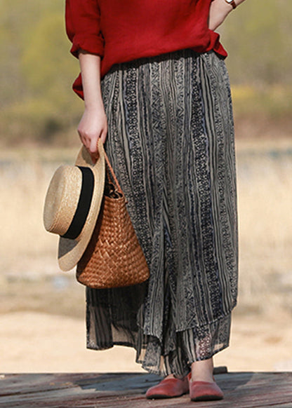 Blackish Blue Elastic Waist Silk Wide Leg Pants Skirt Summer