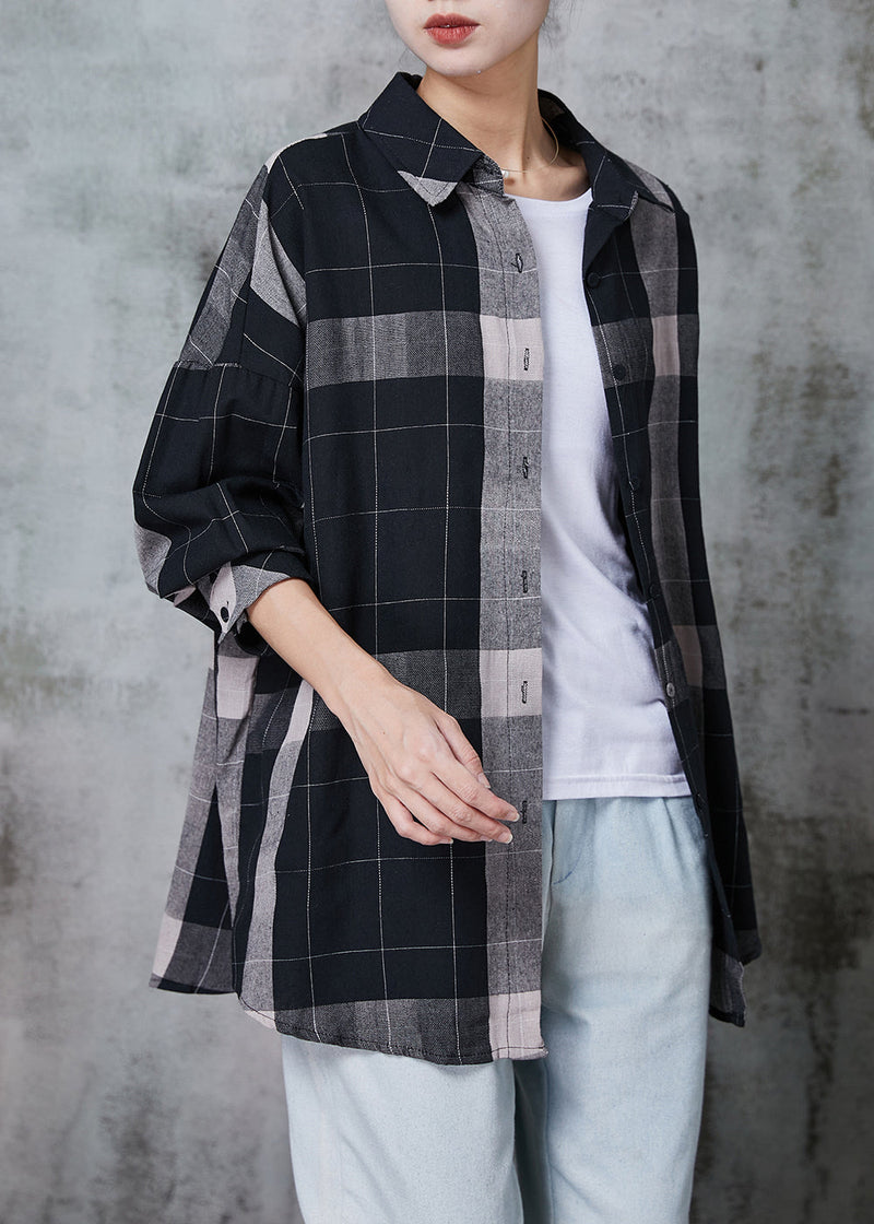 Black Oversized Plaid Cotton Shirt Tops Spring