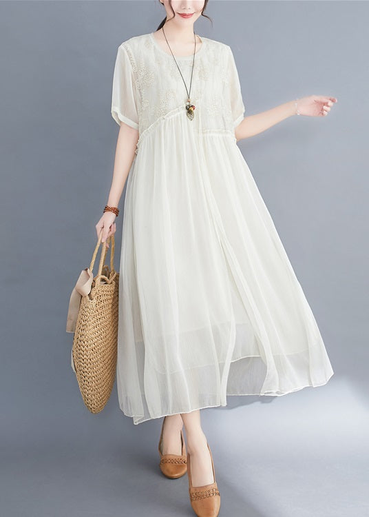 Apricot Asymmetrical Design Silk Dresses Short Sleeve