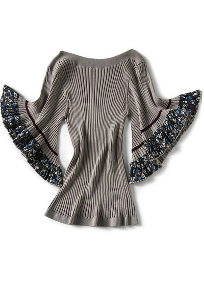 Grey O-neck Thick Print Knit Sweater Tops Flare Sleeve