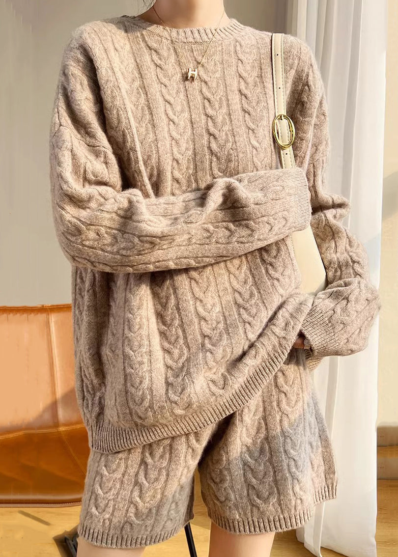 New Camel O Neck Cozy Wool Knit Two Pieces Set Winter