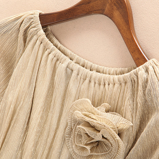 French Golden O-neck Chiffon Shirts Spring Summer