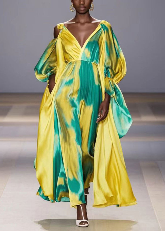 Yellow Asymmetrical Tie Dye One Shoulder Party Dress Fall