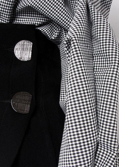 Plaid V Neck Asymmetrical Designlong Sleeve Dress + Black Straight Skirt Two Pieces Set