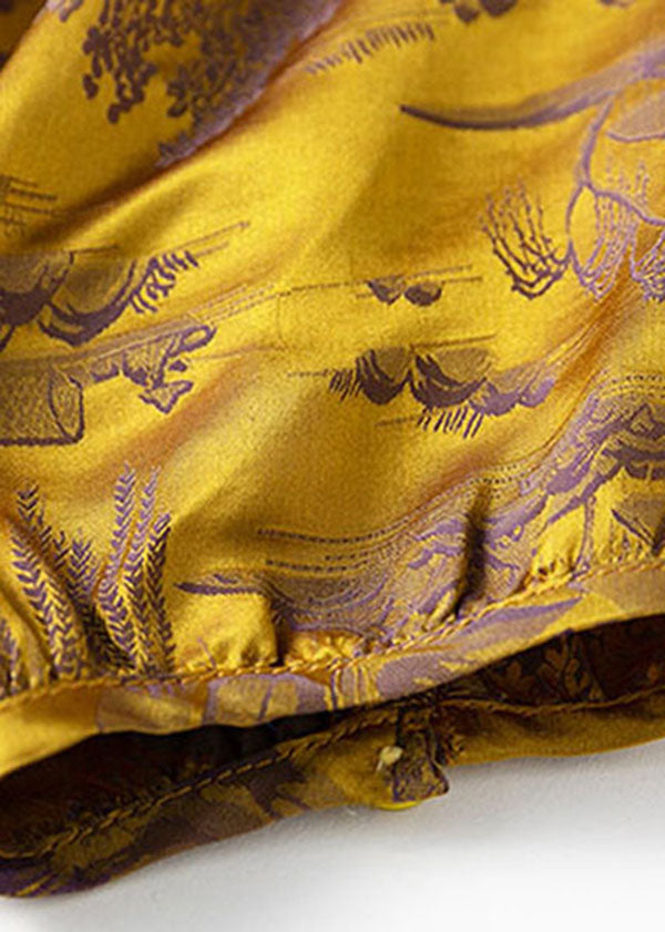 Yellow Printing Side Open Draping Silk Shirt Tops Short Sleeve