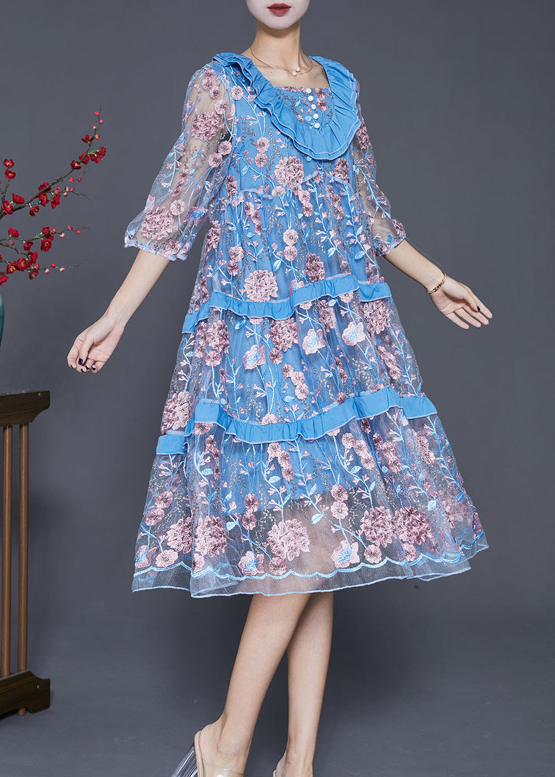 Modern Lake Blue Ruffled Patchwork Embroideried Tulle Dress Summer