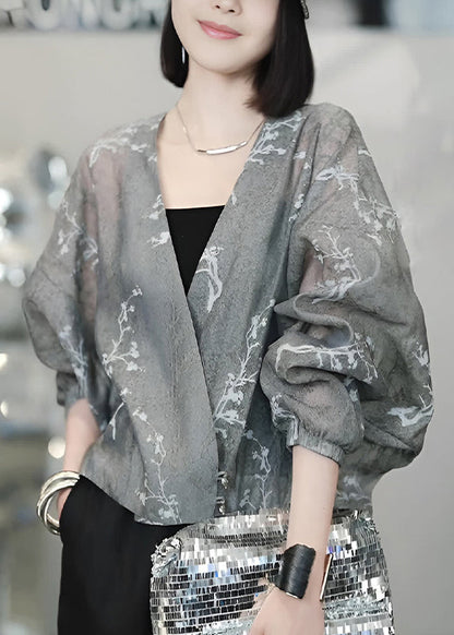 Vogue Grey V Neck Print Button Tulle Coats Batwing Sleeve