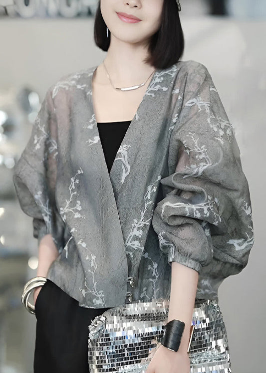Vogue Grey V Neck Print Button Tulle Coats Batwing Sleeve