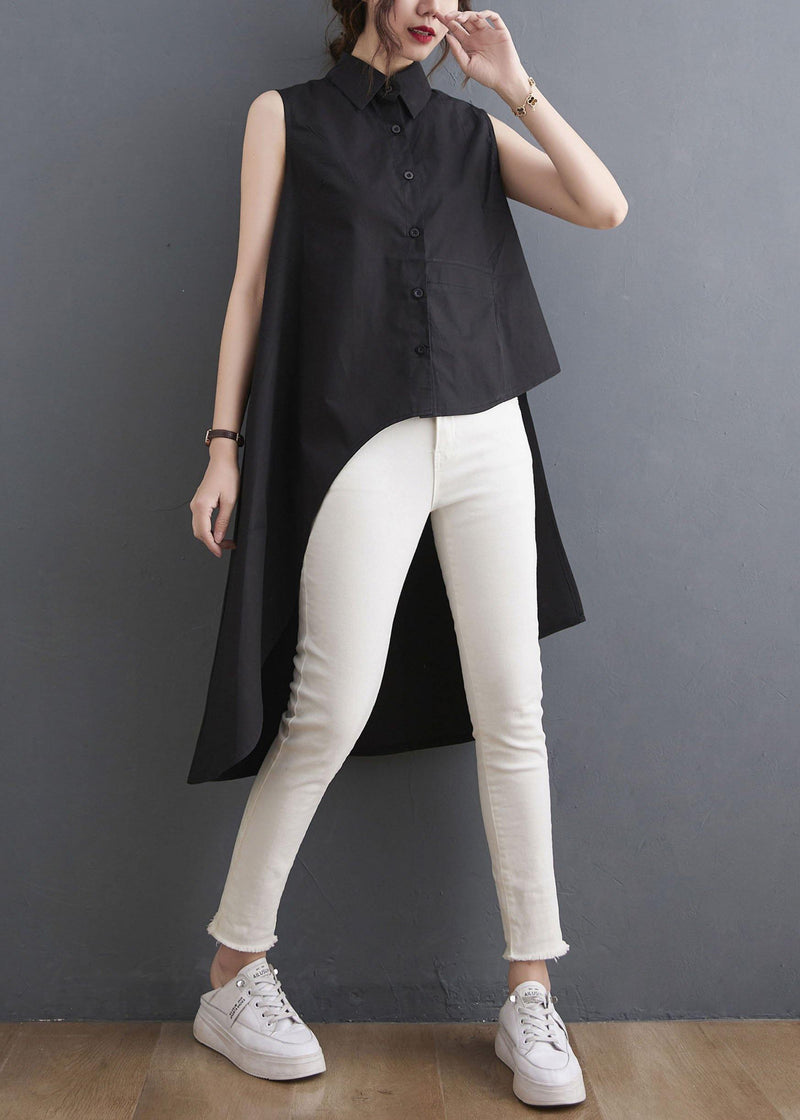 Simple Black Asymmetrical Design Low High Design Summer Blouses