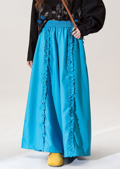 Blue Ruffled Elastic Waist Cotton Pants Spring