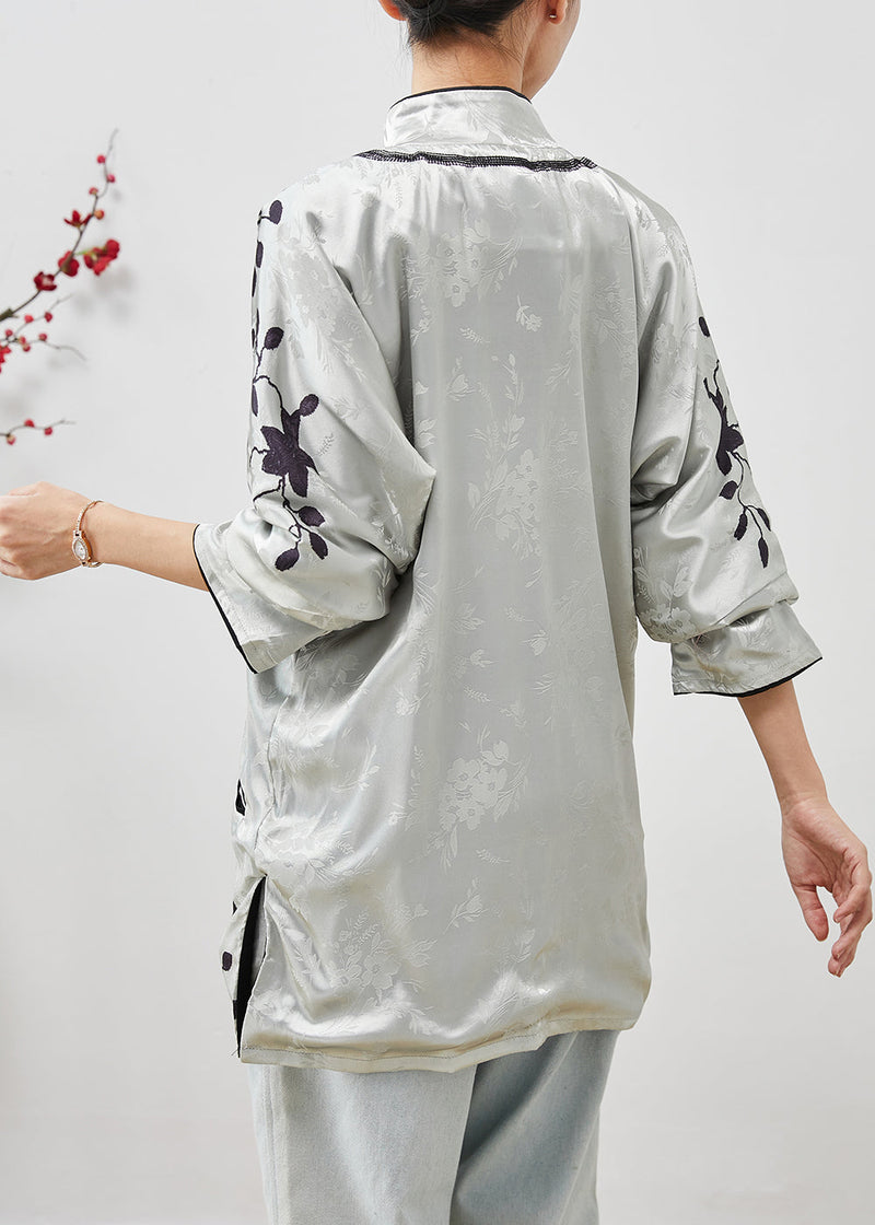 Grey Mandarin Collar Jacquard Silk Shirts Spring