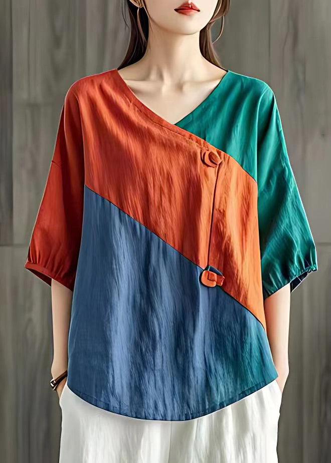 Orange V Neck Patchwork Cotton T Shirts Half Sleeve