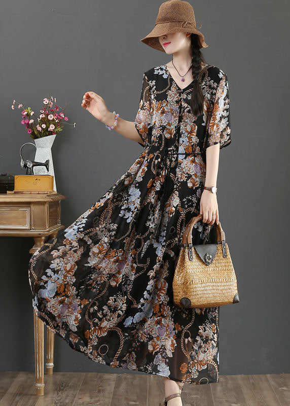 Black V Neck Tie Waist Print Chiffon Vacation Dresses Short Sleeve