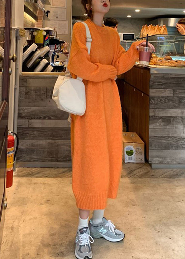 Rose O-neck Thick Cozy Loose Knit Sweater Dress Winter