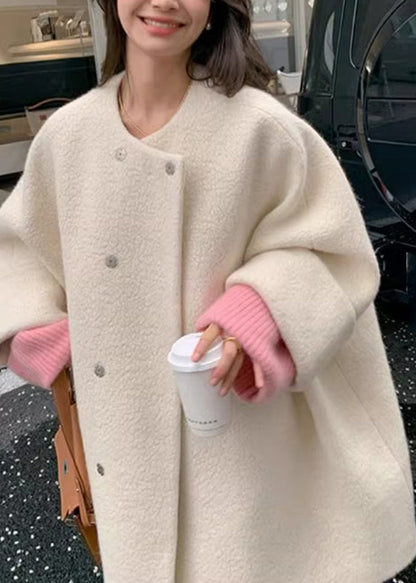 Grey O-neck Button Woolen Coats Long Sleeve