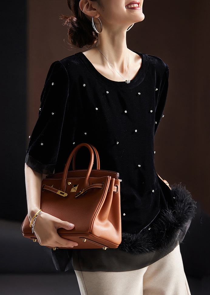 Black Zircon Fluffy Patchwork Silk Velour T Shirt Short Sleeve