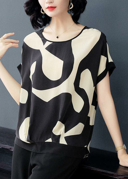 Stylish Black O-neck Print Low High Design Chiffon Tanks Short Sleeve