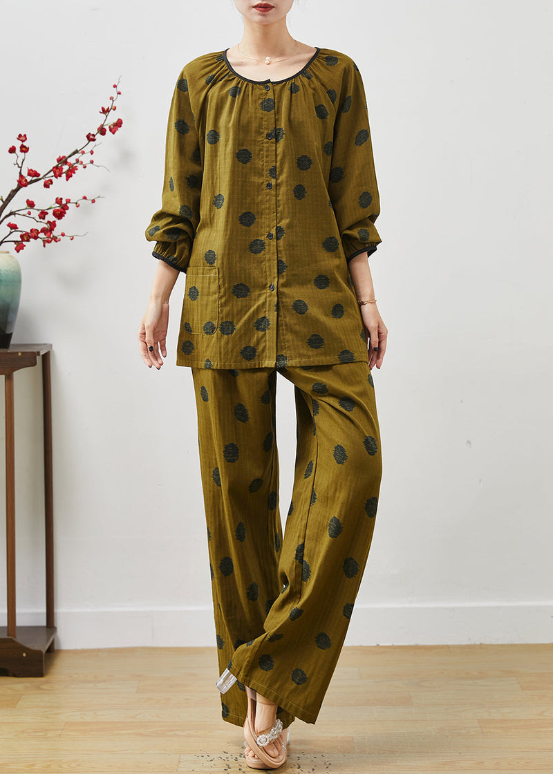 Dull Green Print Cotton Two Pieces Set Oversized Fall