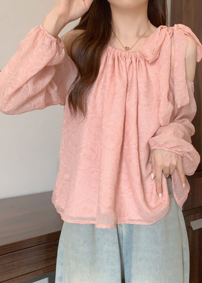 Pink Cold Shoulder Bow Chiffon Shirt Tops Fall