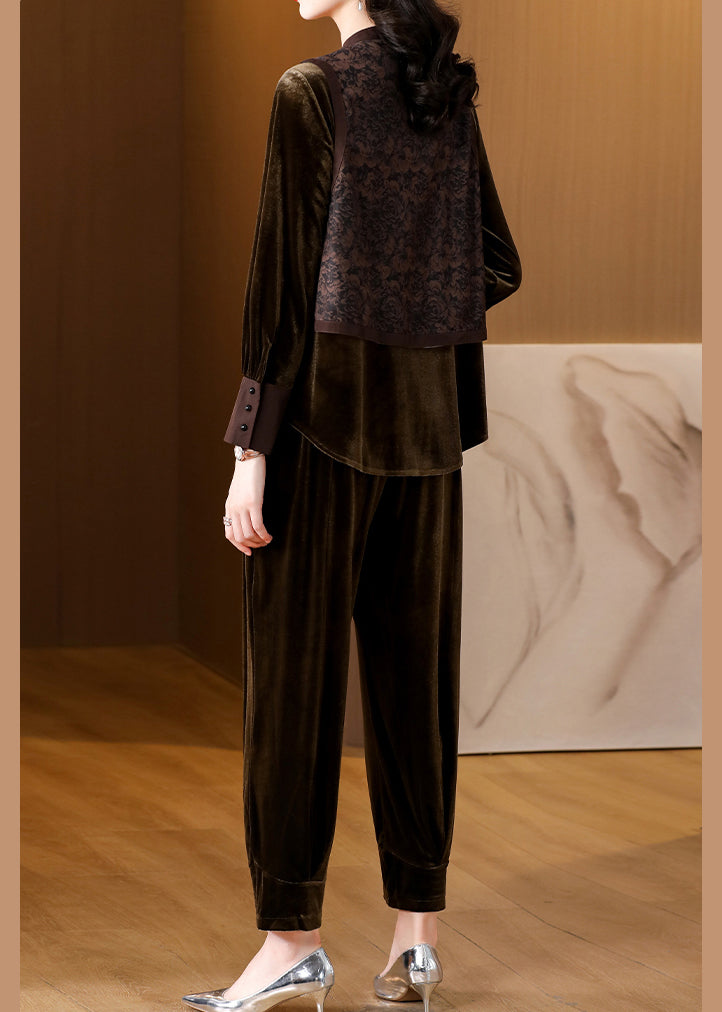 Brown Patchwork Button Silk Velour Top and Harem Pants Two Pieces Set Long Sleeve
