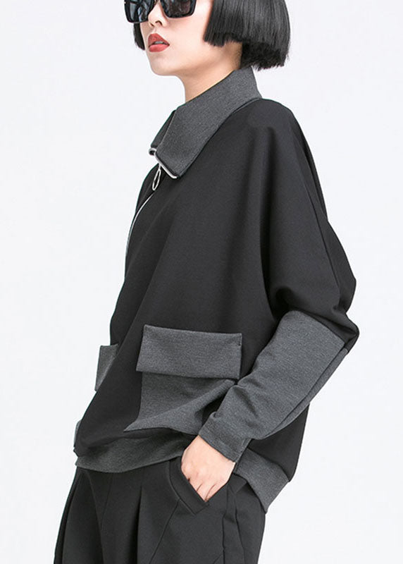 Organic Black Asymmetrical Design Zippered Pockets Patchwork Fall Top Long Sleeve