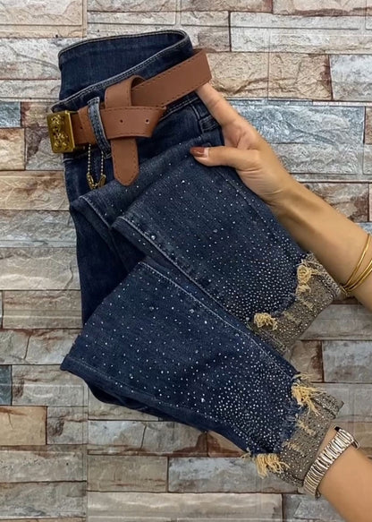 Blue Pockets Zircon Patchwork Denim Crop Pants Fall