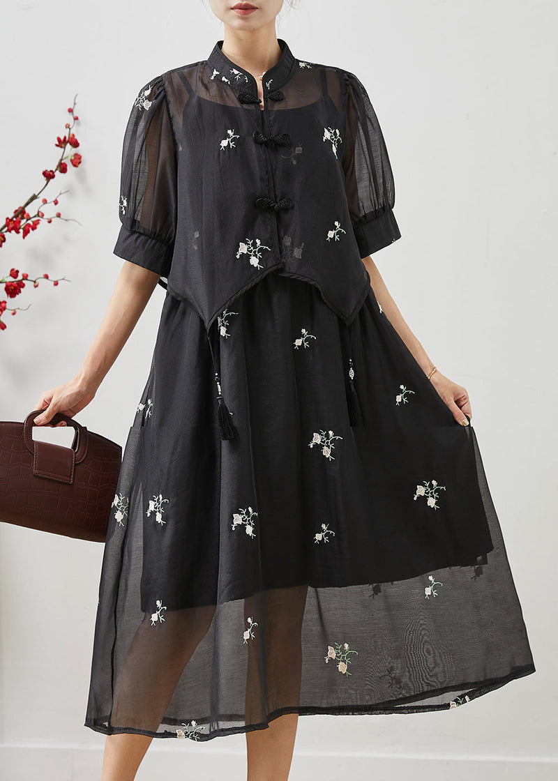 Boutique Black Embroidered Tasseled Chiffon Two Piece Set Clothing Summer