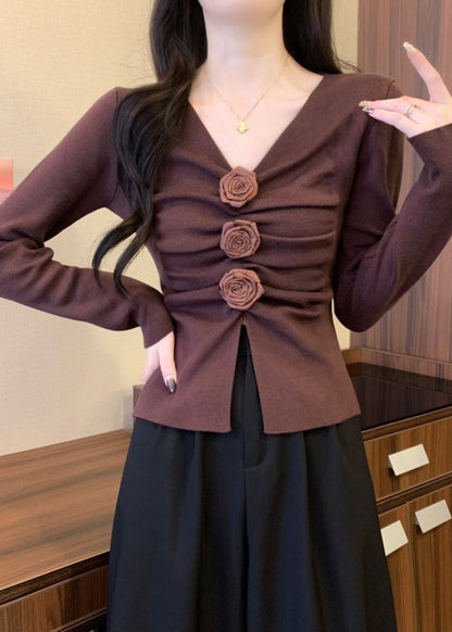 Brown Knit Pullover Side Open Spring