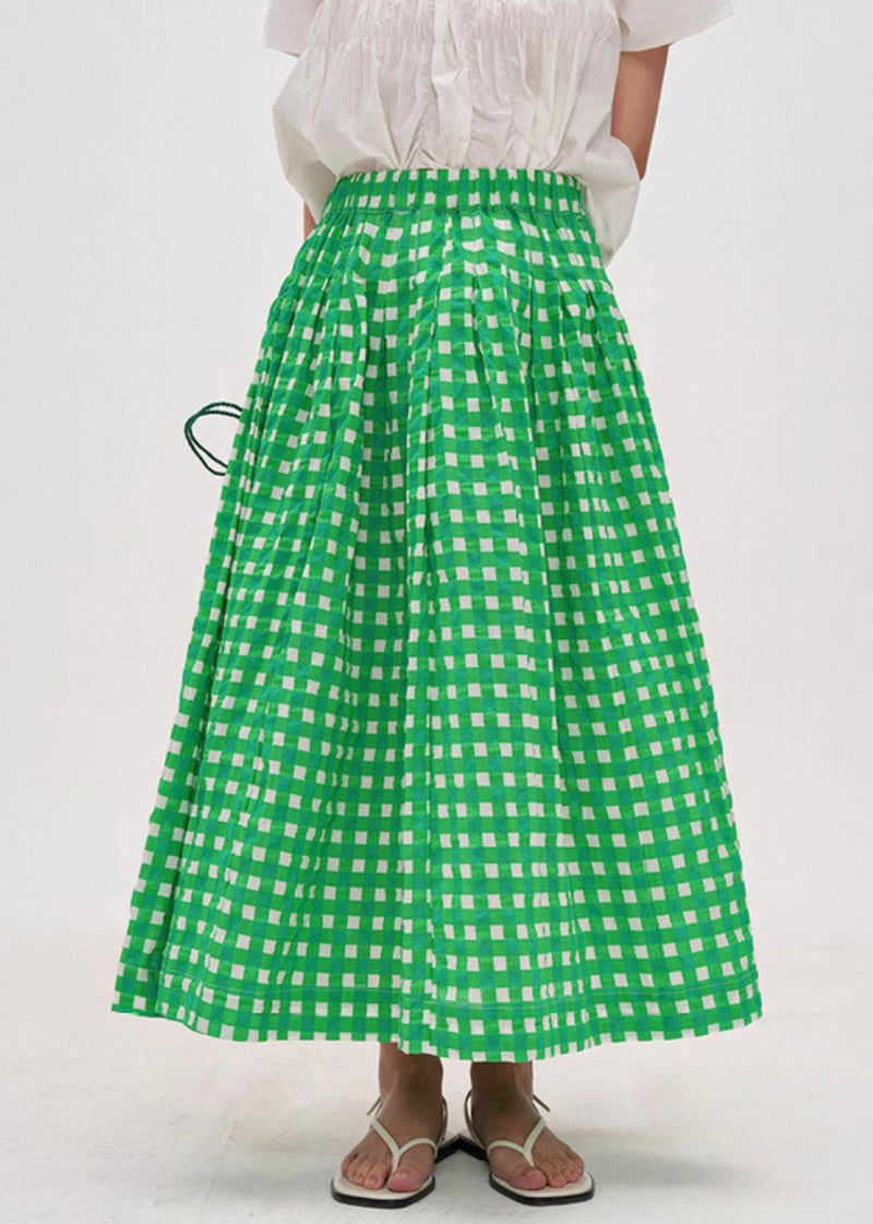 Art Green Plaid Elastic Waist Cotton a Line Skirts Summer