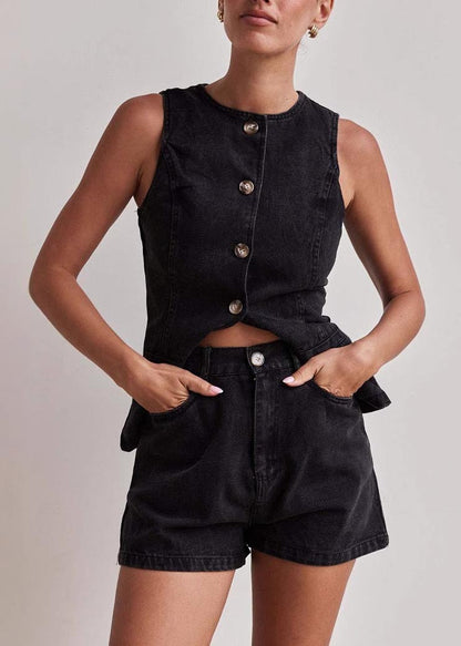 Black O-neck Side Open Denim Two Pieces Set Sleeveless