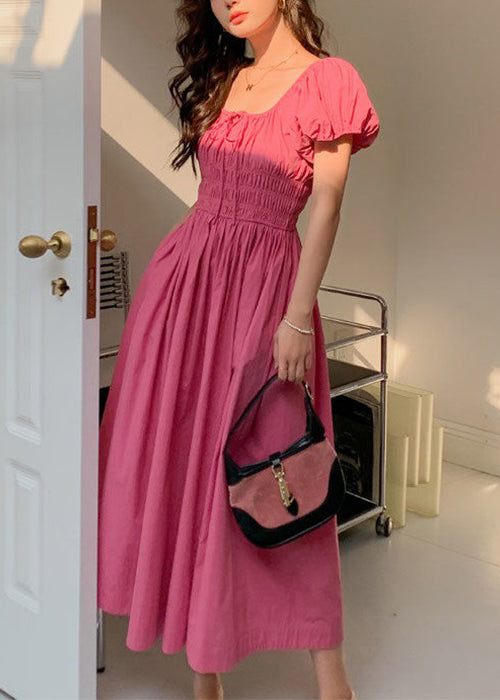 New Rose Lace Up Wrinkled Cotton Long Dress Short Sleeve