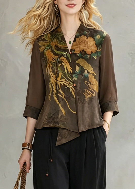 Coffee V Neck Print Chiffon Tops and Crop Pants Fall