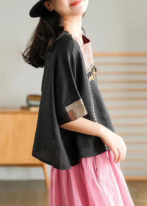 Black Embroidered Linen T-shirt