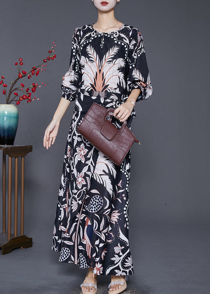 Black Cinched Print Silk Beach Long Dresses Fall