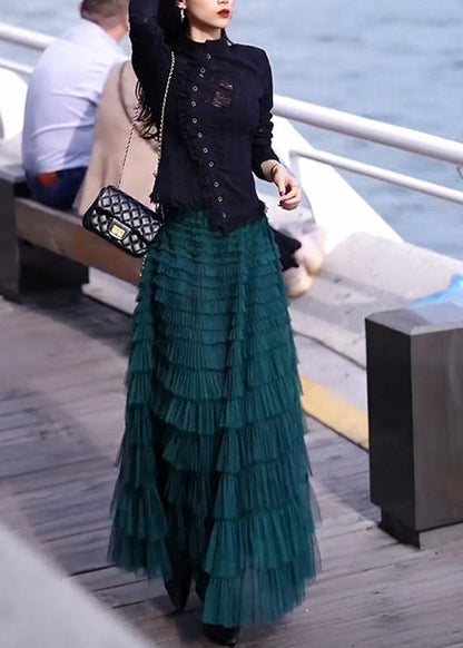 French O-neck Button Top and Tulle Pleated Skirt Two Piece Set Spring
