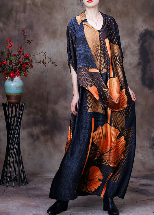Yellow V Neck Asymmetrical Patchwork Silk Long Dress Half Sleeve