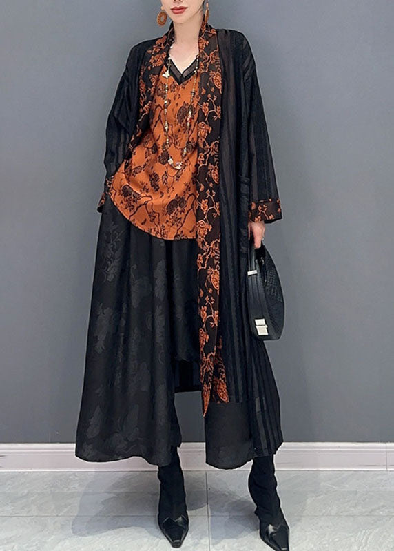 Black Tulle Maxi Cardigans and Print Top Two Pieces Set Fall