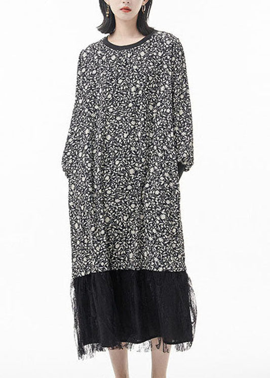 Black O-neck Print Tulle Patchwork Silk Party Dress Spring