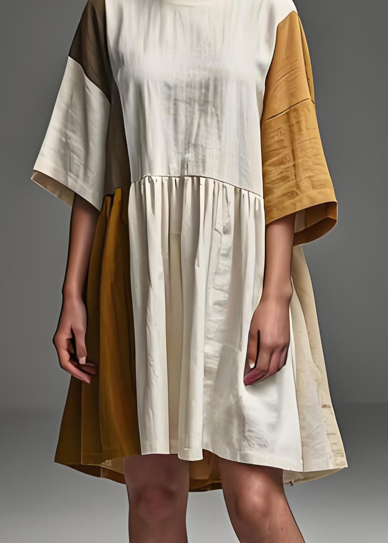 Diy Beige O Neck Wrinkled Patchwork Linen Dresses Summer
