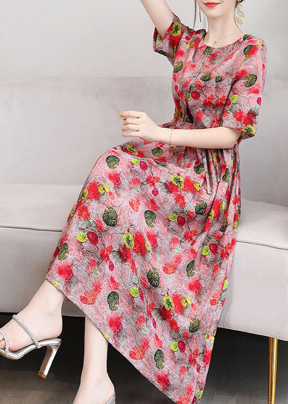 Red O-neck Print Linen Cinch Dresses Short Sleeve