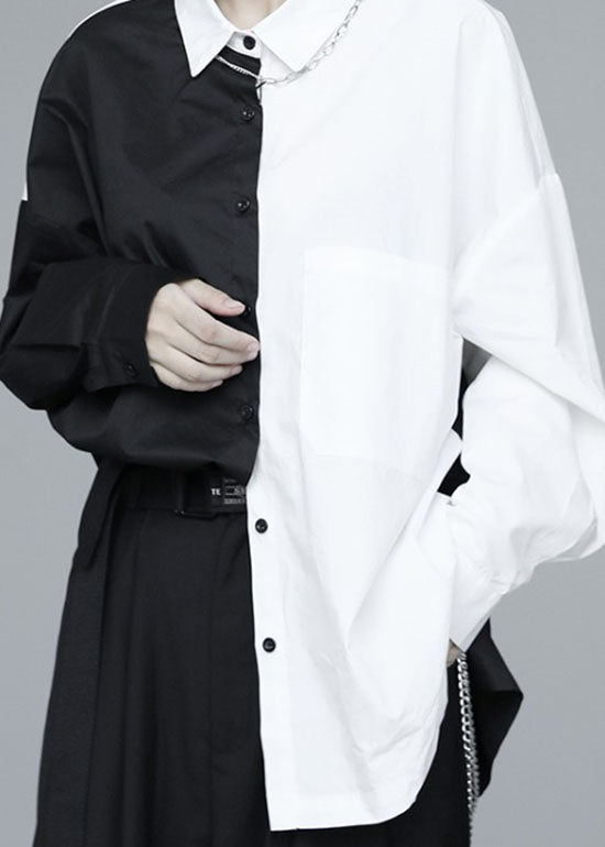 French Black Patchwork White Button Fall Long Sleeve Shirt Tops