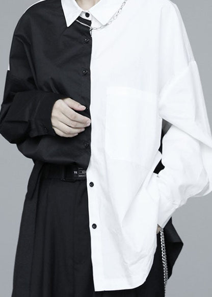 French Black Patchwork White Button Fall Long Sleeve Shirt Tops