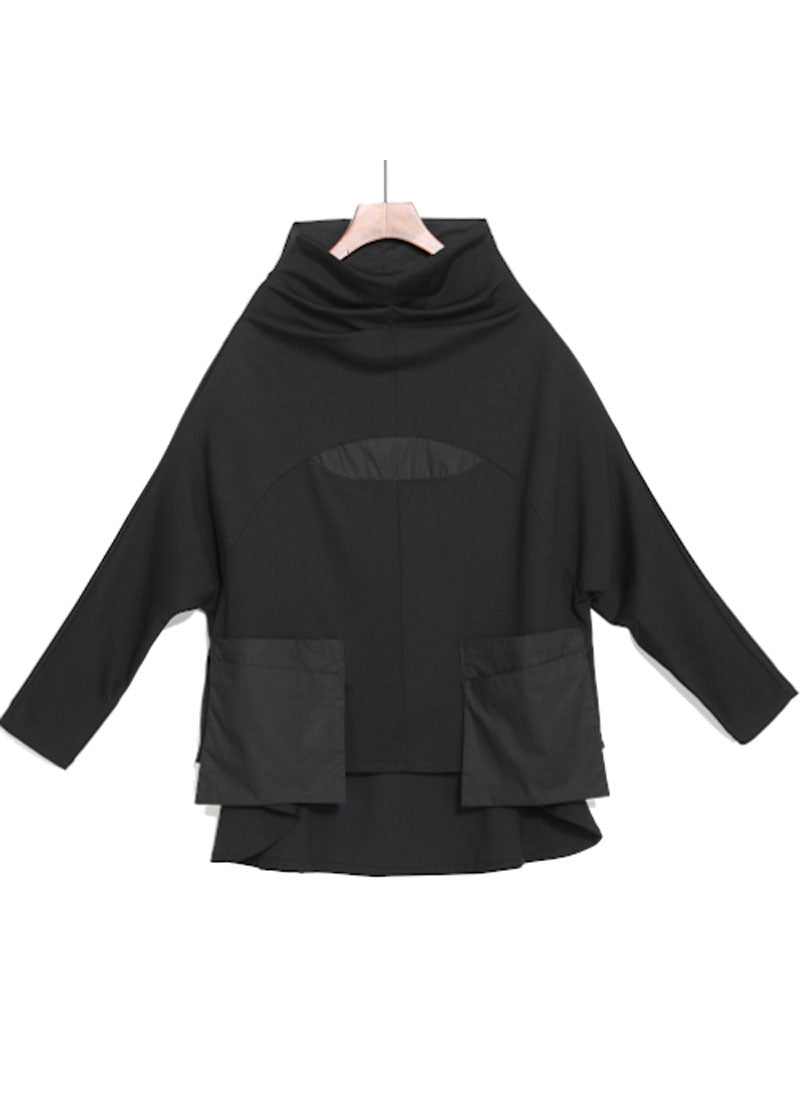 Black Turtleneck Patchwork Pockets Fall Top Long Sleeve