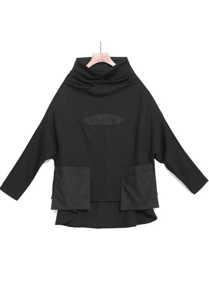 Black Turtleneck Patchwork Pockets Fall Top Long Sleeve