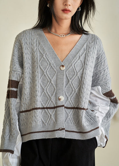 Grey V Neck Button Patchwork Cotton Knit Top Fall