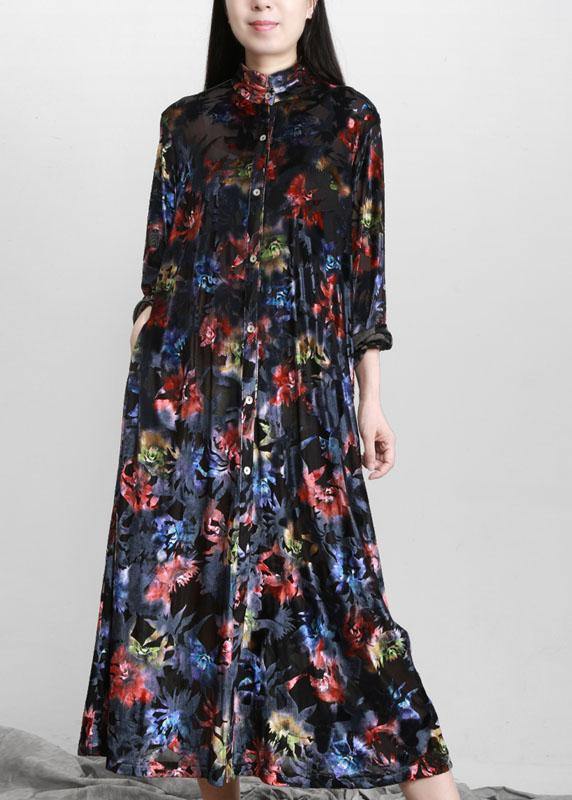 Black Print Button Pockets Vacation Dresses Fall