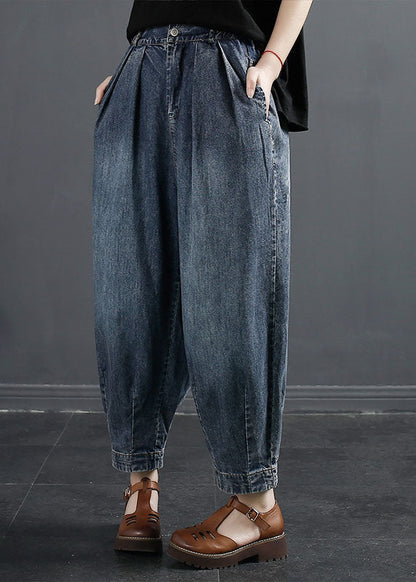 Denim Navy Pockets Patchwork High Waist Lantern Pants Fall