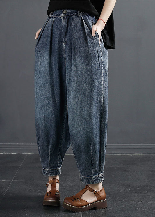 Denim Navy Pockets Patchwork High Waist Lantern Pants Fall
