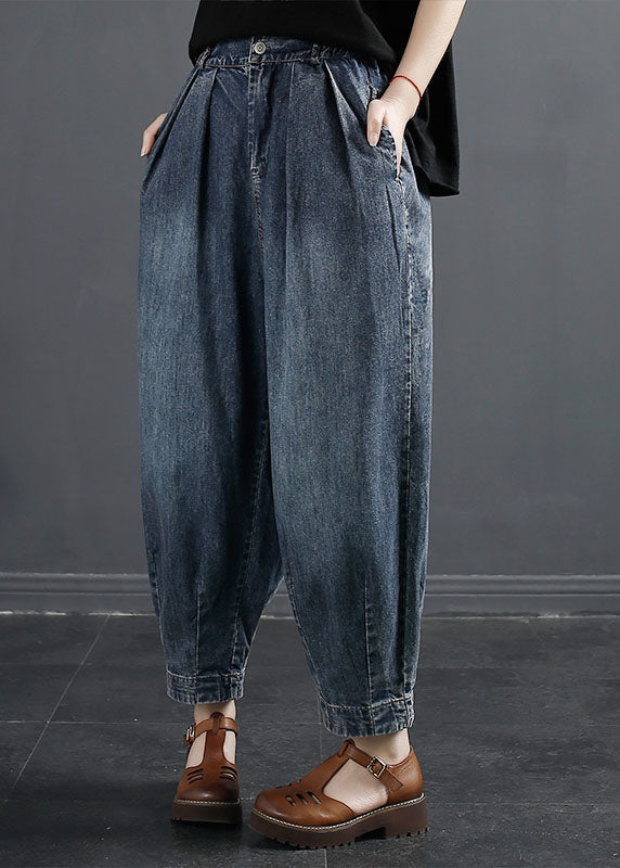 Denim Navy Pockets Patchwork High Waist Lantern Pants Fall