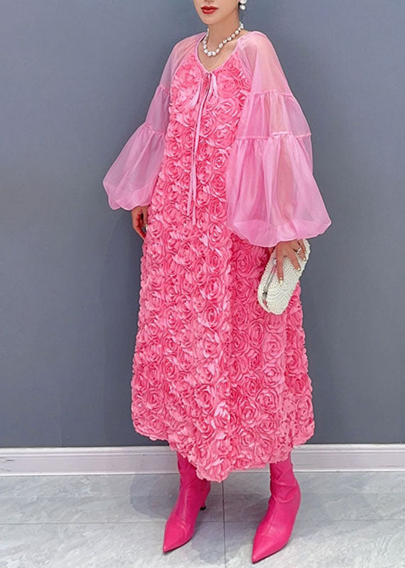 Pink O-neck Tulle Patchworkfloral Maxi Dress Long Sleeveless